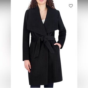 COLE HAAN Women's Wool Blend Belted Wrap Peacoat Sz 2 Black